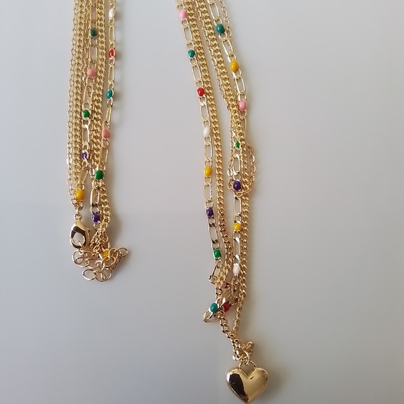 Pretty Bird Gold Layered Necklace with Multicolor Beads and Heart Pendant - Picture 4 of 4
